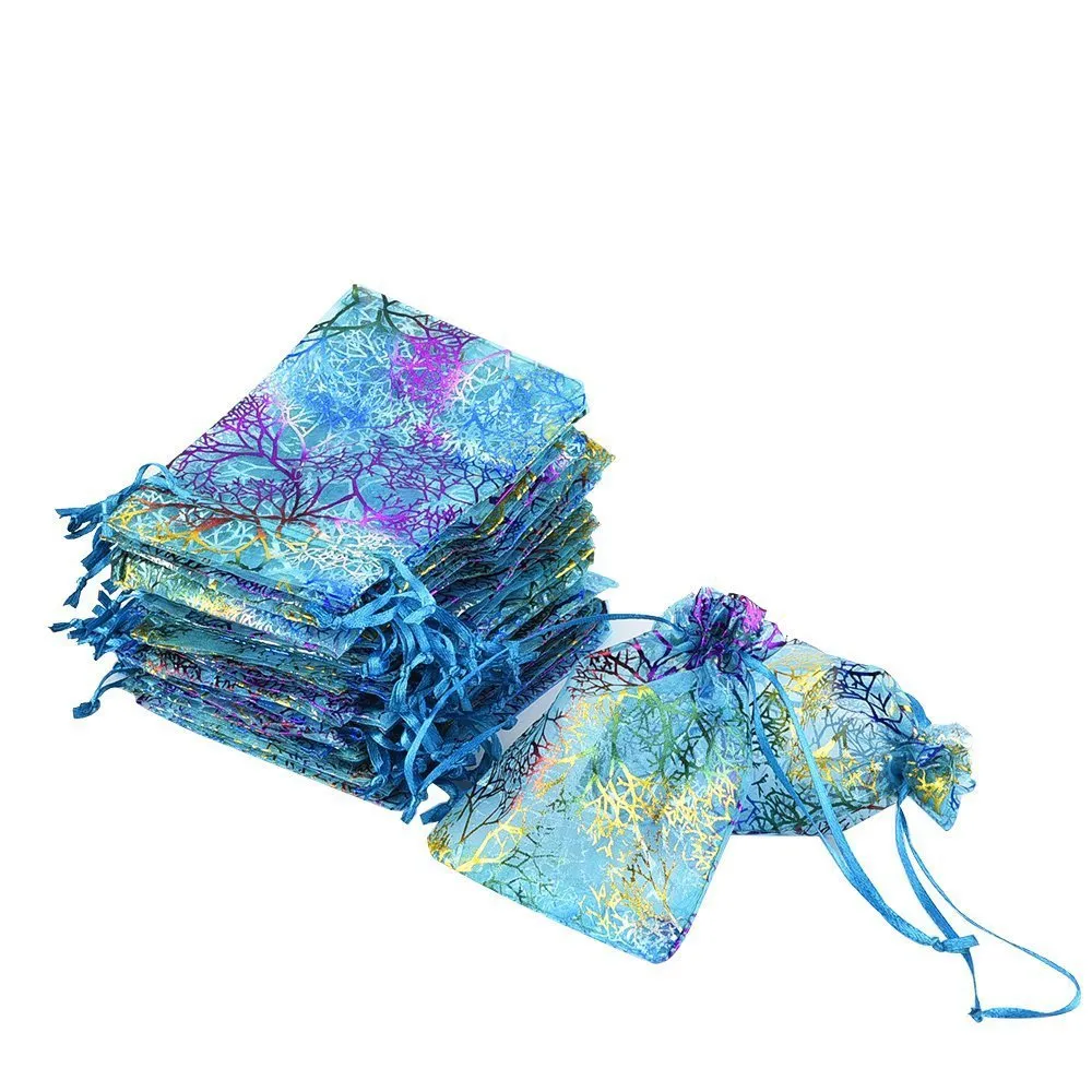 100 Pçs / lote Azul Coral Organza Favor Sacos Com Cordão 4 TAMANHOS Bolsas De Embalagem De Jóias De Casamento Agradável Sacos De Presente FACTORY292l