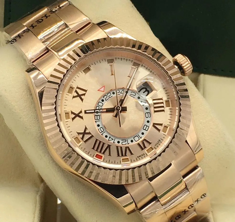 Роскошные часы высокого качества Sky Dweller из 18-каратного розового золота, браслет с золотым циферблатом 326935, механические автоматические мужские часы, римские цифровые238y