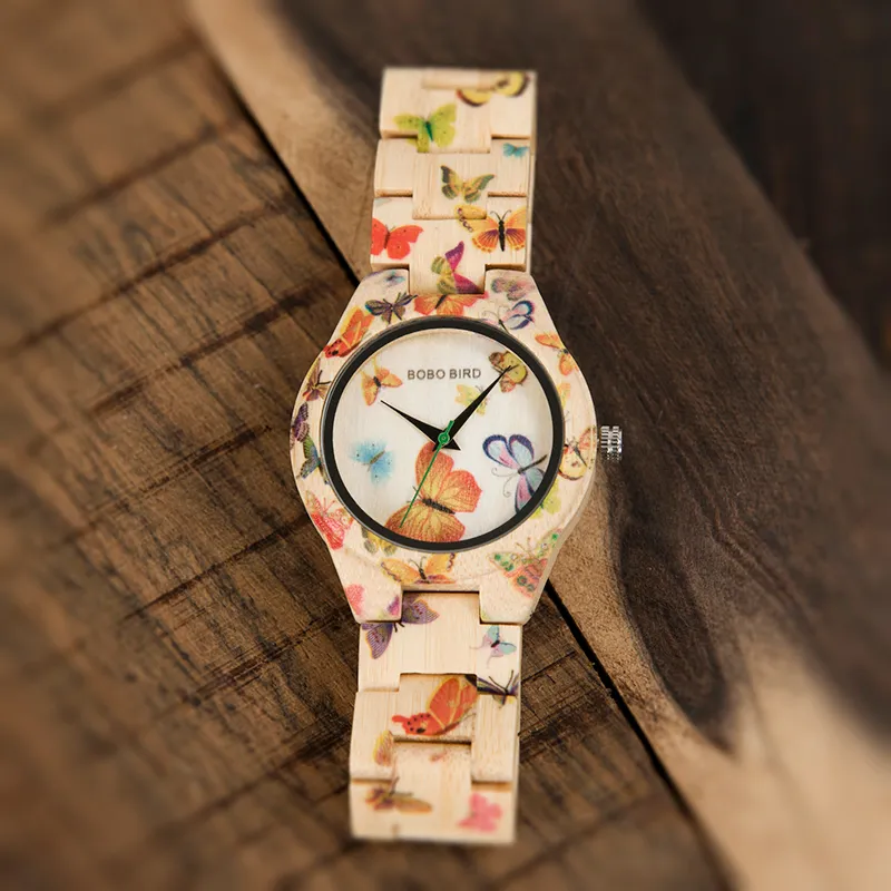 Interi orologi da donna BOBO BIRD Orologi da donna al quarzo in legno di bambù Ora a farfalla Progettista di marca Regali festival con scatola Drop 333A