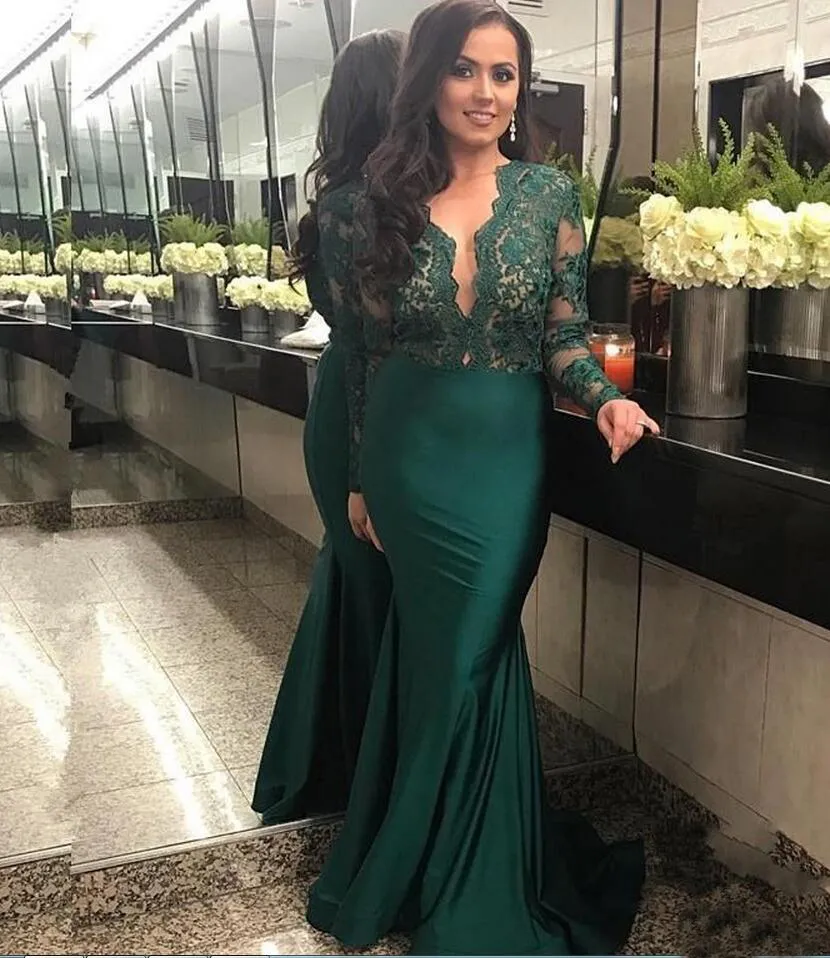 Lace Top Green Mermaid Abendkleider 2019 Sheer Long Sleeves Satin Abendkleid Elegant V-Ausschnitt Formale Party Kleider Benutzerdefinierte Robe de soirée
