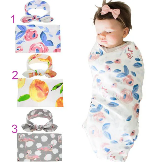 15 styles Kids Muslin Swaddles Ins Wraps Blankets Nursery Bedding Newborn Organic Cotton Ins Floral Print Swaddle + Headband two piece sets