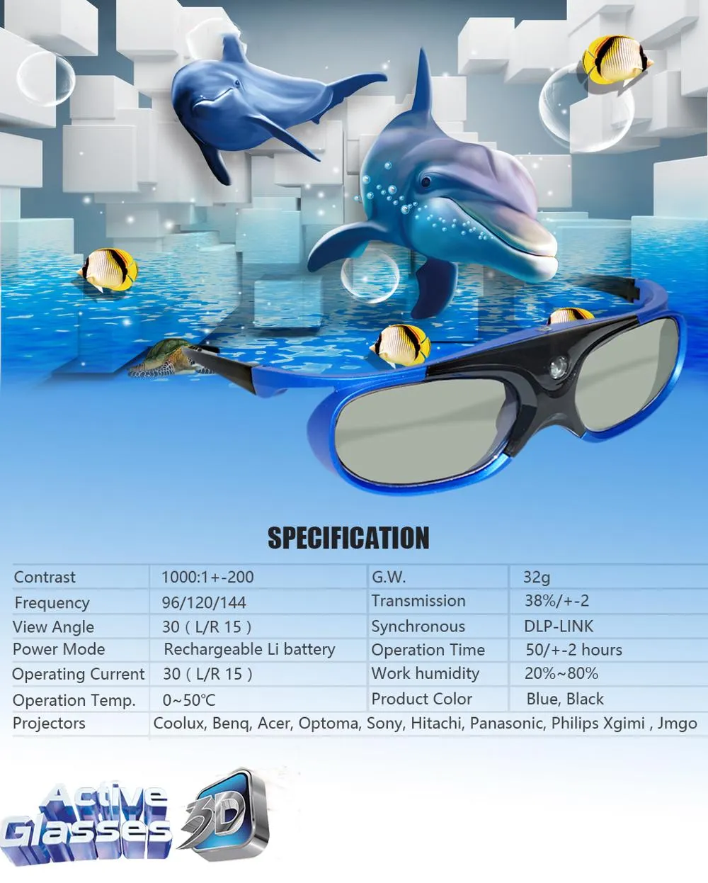 Atacado Obturador Ativo DLP Link 3D Óculos com Óculos Recarregáveis ​​para 96-144Hz Todos] 3D pronto projetores 10 pçs / lote