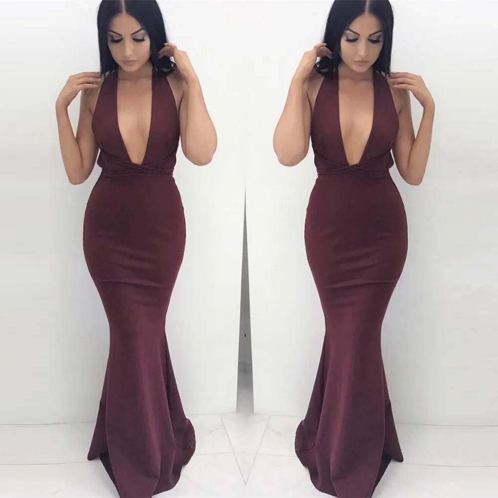 New Design Burgundy Simple Cheap Mermaid Prom Dresses Deep V Neck Backless Floor Length Formal Party Wear Evening Gowns Cheap Gowns