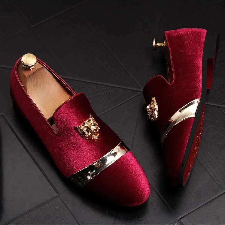 Nieuwe stijl 6447 Fashion Gold Top Men Veet Dress Shoes Heren Handgemaakte Loafers Heren Flats Party en Wedding Shoe J178 S 's