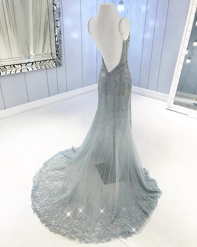 Luxury Rinestone Beading Prom Dresses Deep V-Neck Sexy Backless Tulle Mermaid Evening Dress Saudi Arabia See Through Robes De Soiree