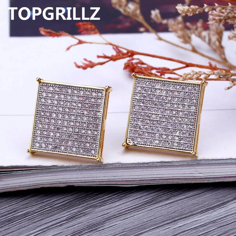 Topgrillz Hip Hop 남자 블링 쥬얼리 귀걸이 금색 아이스 아웃 마이크로 포장 입방 지르콘 실험실 D 스터드 이어링 스크류 back238Q