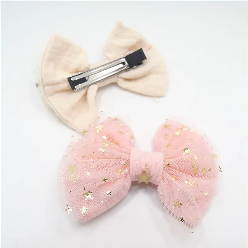 / Fée Fille Cheveux Arc Clip Or Cuivre Étoile Pendentif Lumière Rose Paillettes Étoile Tulle Arc Noeud Barrette Doux Hairpin265Z