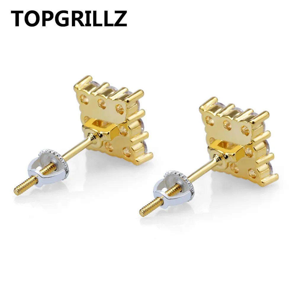 TOPGRILLZ Hip Hop 3Row Cubic Zircon Square Stud Earrings Men Women Jewelry Gold Silver Color CZ Earring With Screw Back Buckle261H