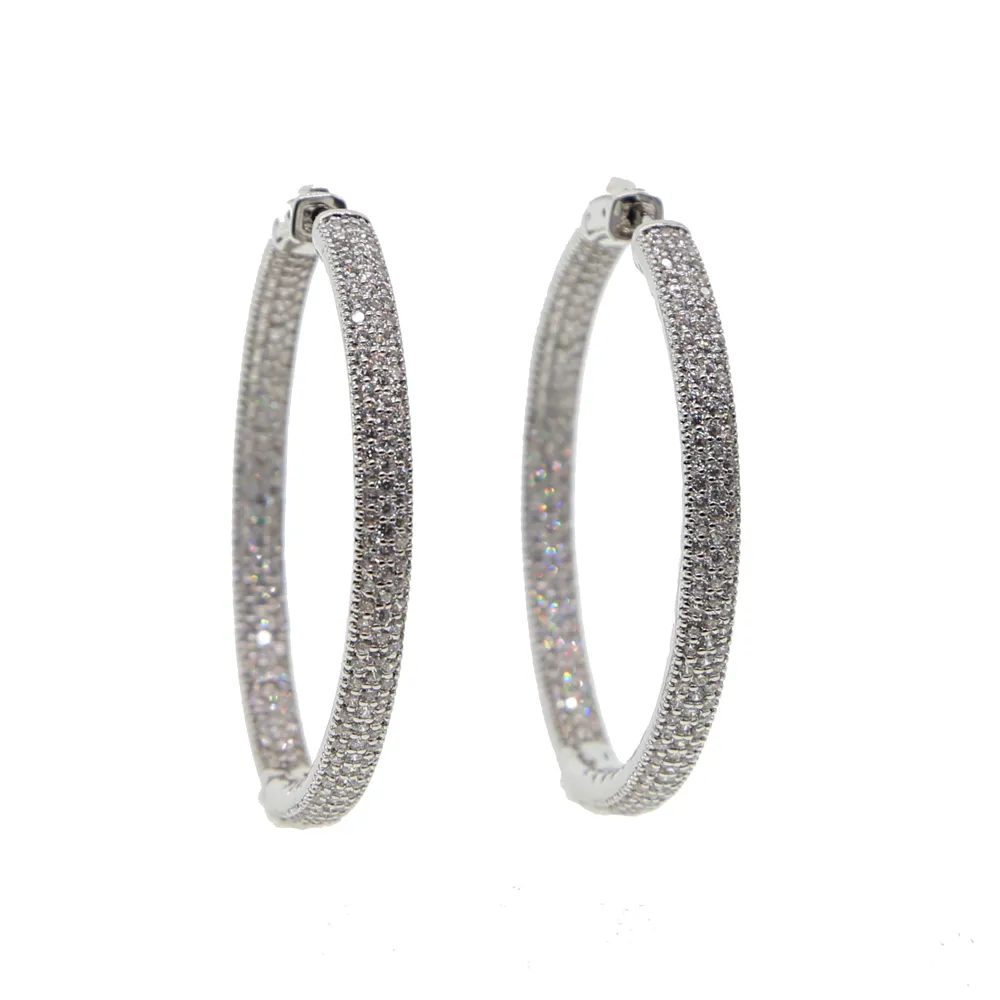 new micro pave cz big hoop earring 25mm 50mm 2 sized fashion jewelry cubic zirconia shiny silver plated classic jewelry287B