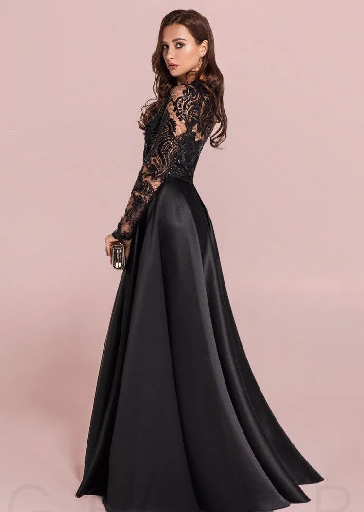 Hot Sale Black Lace Prom -klänningar med långa ärmar V Neck Sequined Evening Gowns Vestidos de Fiesta golvlängd Satin Formell klänning 415