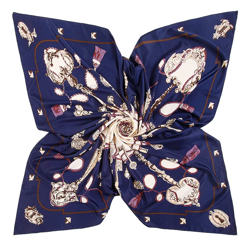 Ny Twill Silk Scarf Women Spanien Kedja Silk Foulard Square Scarves Lady Bandana stora wraps Female Hijab Shawl Neckerchief 130cm 12570