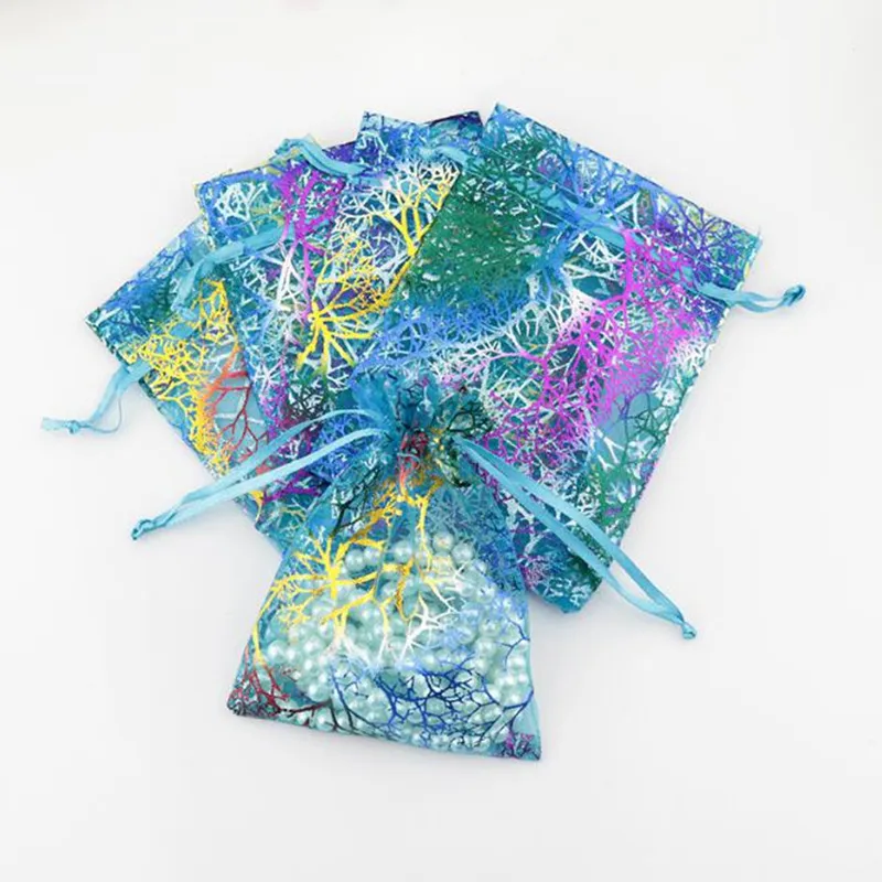 100 szt. Niebieska koralowa moda organza biżuteria torebki prezentowe torebki 7x9cm sznurka worka organza prezent torebki