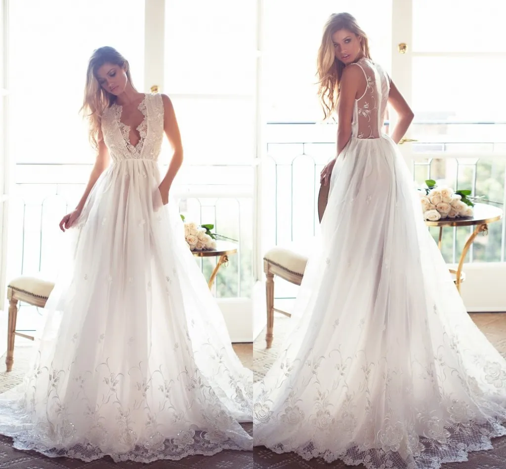 New Designer Sexy Bohemian Chiffon Lace Wedding Dresses Sweep Train Backless A Line Deep V Neck Wedding Bridal Gowns High Quality