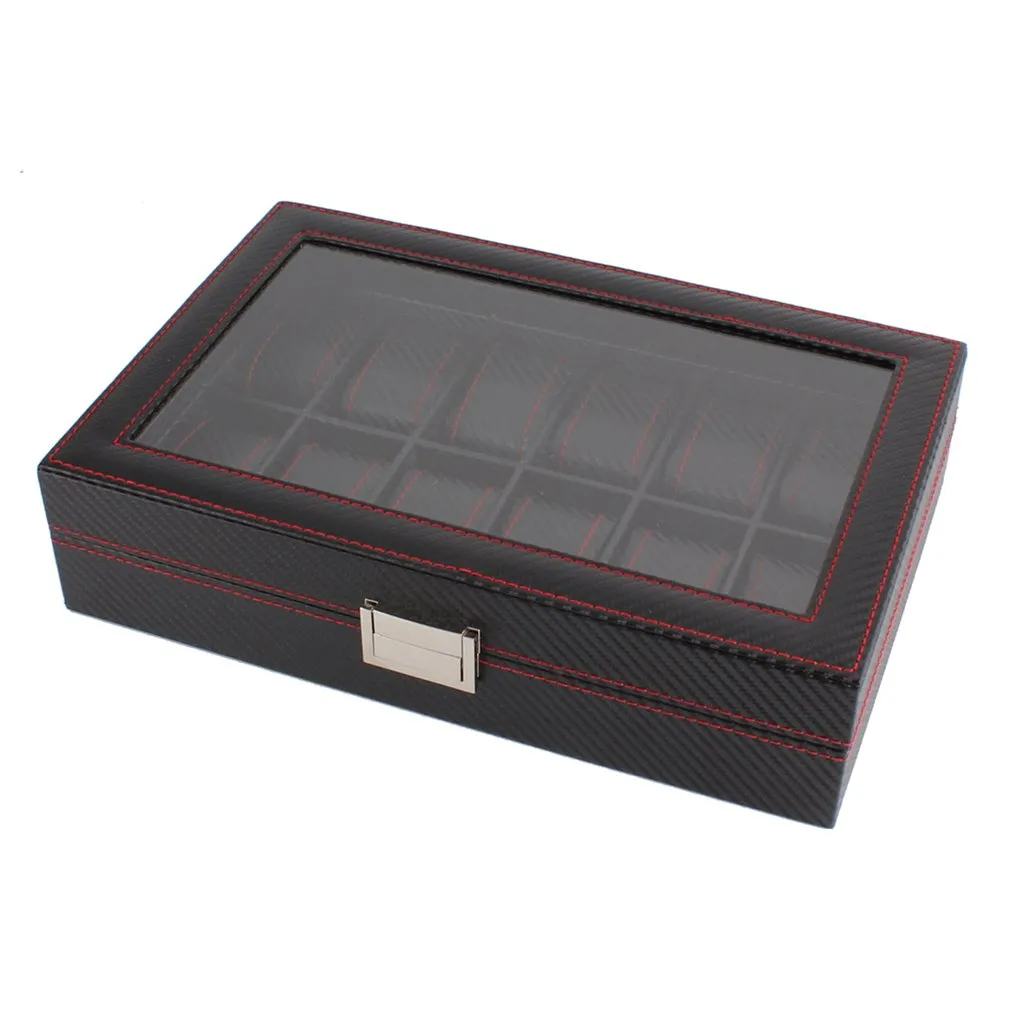 Outad 12 emplacements en fibre de carbone Boîte de bijoux de bijoux affichage dispositif de rangement rectangle en cuir noir cas275y