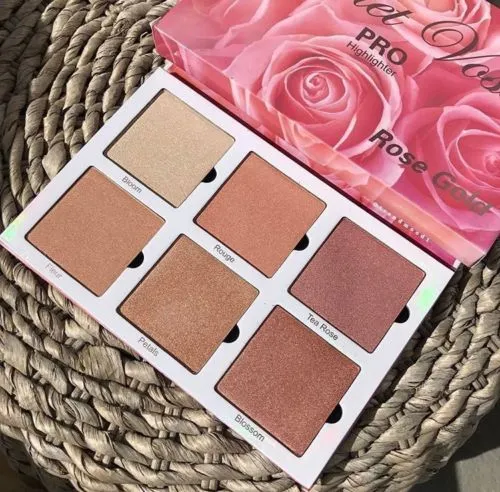 Violet Voss Cosmetics Rose Gold Highlighter Palette 6 Shades Women Face Pro Highlight Makeup Contouring & Bronzing Glow Powder Cosmetic Palette