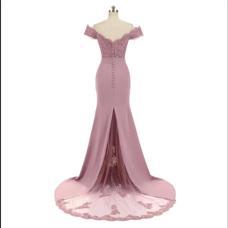 Nouvelle arrivée Pink V Neck Cap Sleve Vintage Lace Appliques Sirène perle Brides Bridesmaid Robes de fête Vestido de Festa 277r