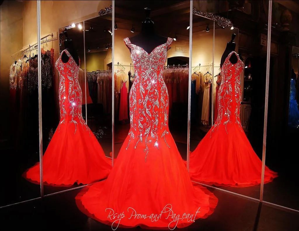 2019 Bling Sexy Prom Dresses Wear Crystal Major Beading Long Red Chiffon Cap Sleeves Mermaid Sweep Train Formal Evening Party Pageant Gowns