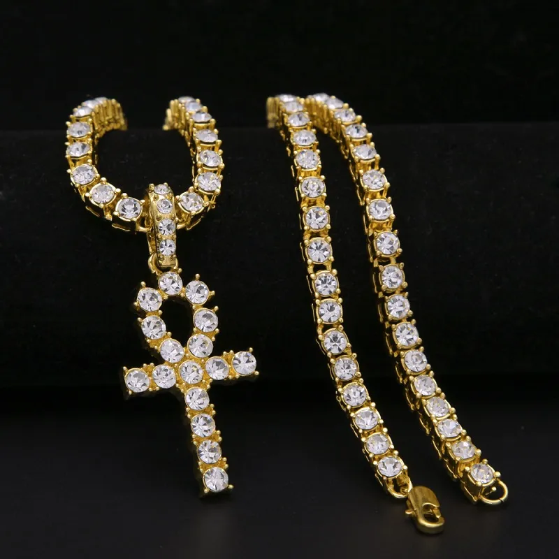 Męski łańcuch Egiptian Ankh Key Wisiant Naszyjnik Hip Hip Biżuteria Rhinestones Crystal Cuban Link Gold Chains286D