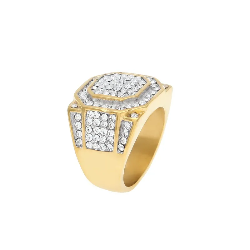 Mens Hip Hop Stones Rings Jewelry Gold Plated Diamond Large Stainles Steel Ring For Men314W