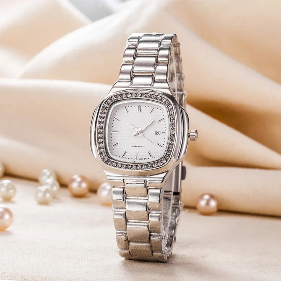 Hohe Qualität Frauen Uhr Kleid Mode Uhren Rose Gold Edelstahl Schwarz Zifferblatt Diamant Armbanduhren Quarzuhr Gifts234Y