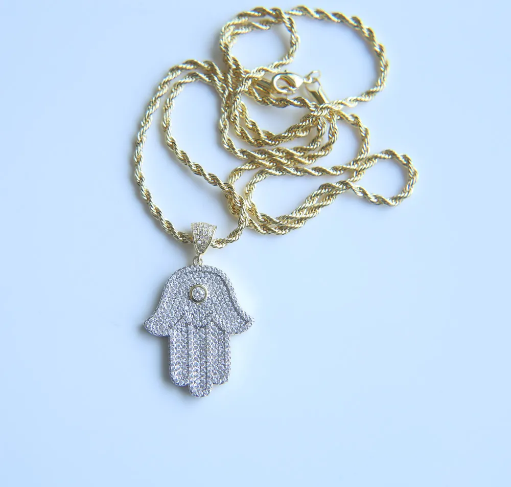 Hip hop bling jóias gelado fora legal menino masculino colar hamsa mão pingente banhado a ouro prata cz zircônia cúbica bling hiphop necklac300J