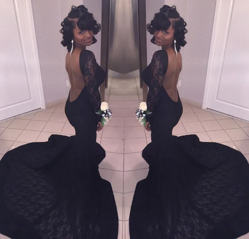 2018 preto americano sereia vestidos de baile vestidos de festa mangas compridas abertas de volta vestido de noite de renda africano vestidos de festa de formatura