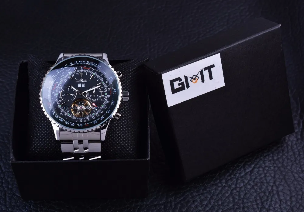 Jaragar Aviator Series Silver en acier inoxydable Toubillion Design Scale DIAL MENTES MONTRES TOP Brand Luxury Automatic Watch Clock D18284L