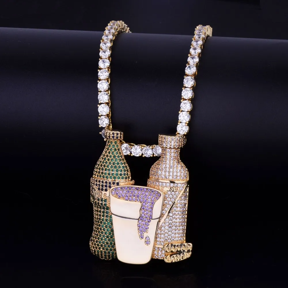 Sprite Bottle Purple Cup Pendant Necklace Iced Out Men's Hip Hop Jewelry Gold Silver Color Cubic Zircon Tennis Chain2561