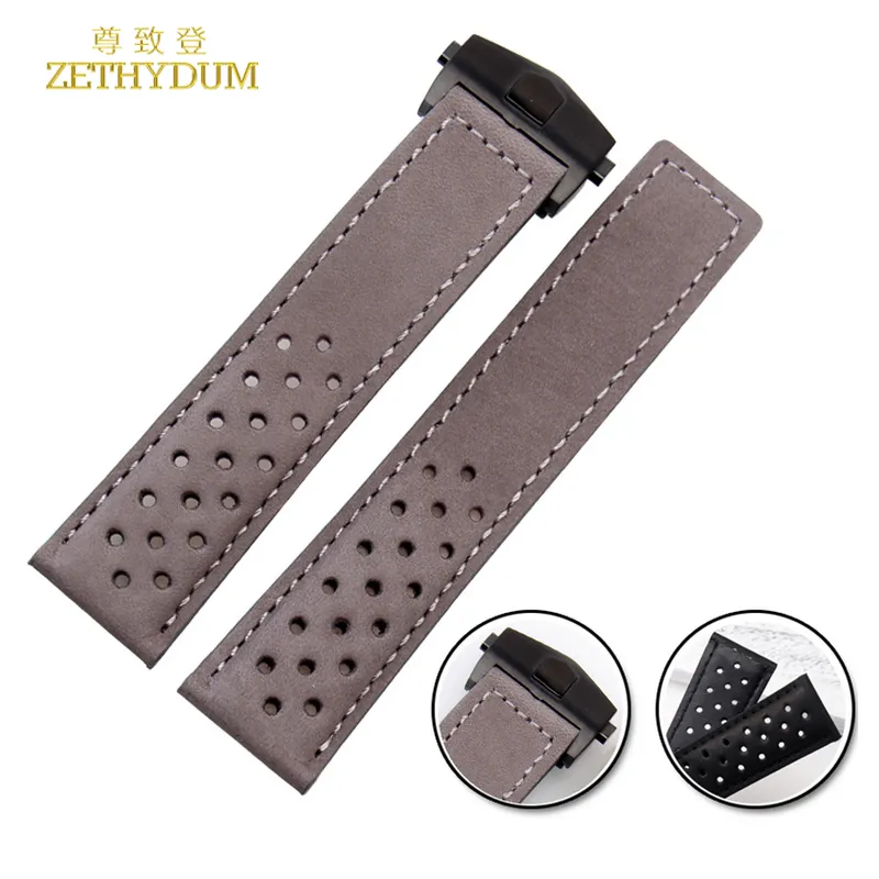 Bracciale in vera pelle 22mm Cinturino orologi da polso marrone grigio traspirante Accessori cinturini con fibbia pieghevole303l