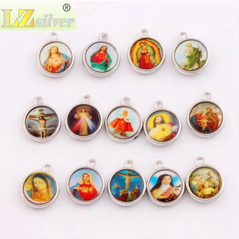 200 pçs / lote Esmalte Igreja Religiosa Católica Medalhas Santos Spacer Charm Beads 14x11 4mm Pingentes de Prata Antigo L17062045