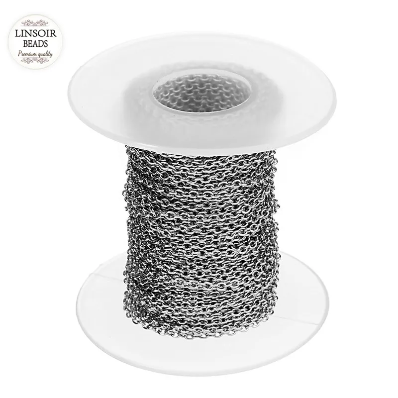 Kedjor Hela 10yards Roll 1mm 1 5mm 2mm 2 5mm 3mm Bredd Silver Tone Rostfritt stål Metalllänkkedja för halsbandarmband J316L