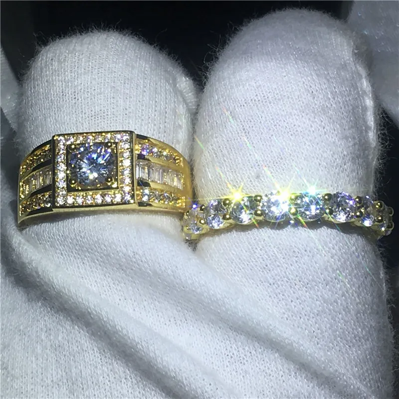 Handgemaakte liefhebbers Verlovingsring set 10KT Geel Goud Gevuld paar trouwringen ringen voor vrouwen mannen 5mm 5A zirkoon cz Jewelry227Z