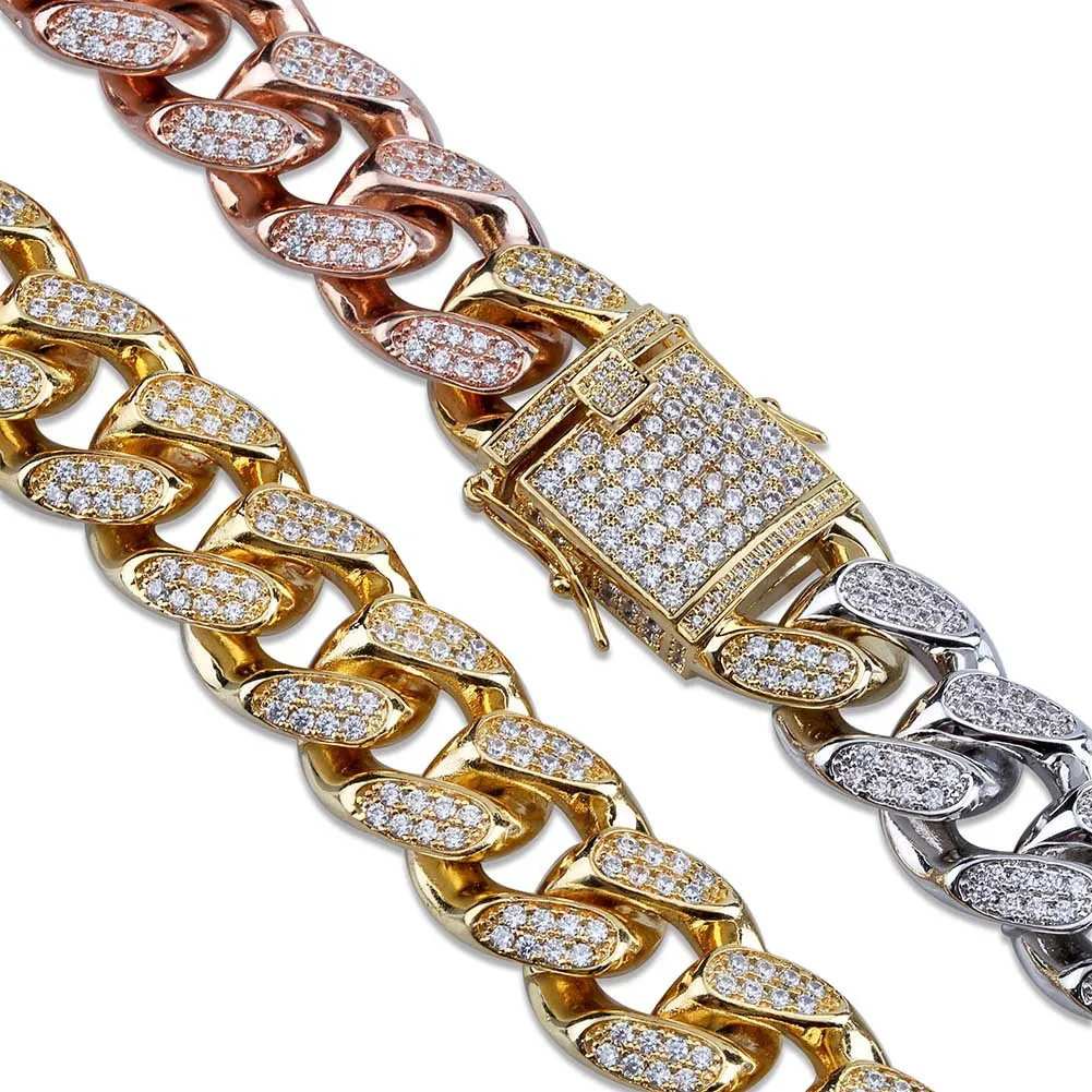 12 mm mrożony cyrkon Miami Cuban Chain Link Naszyjnik Choker Silver Rose Gold Kolor łańcuch Hip Hop Jewelry3225