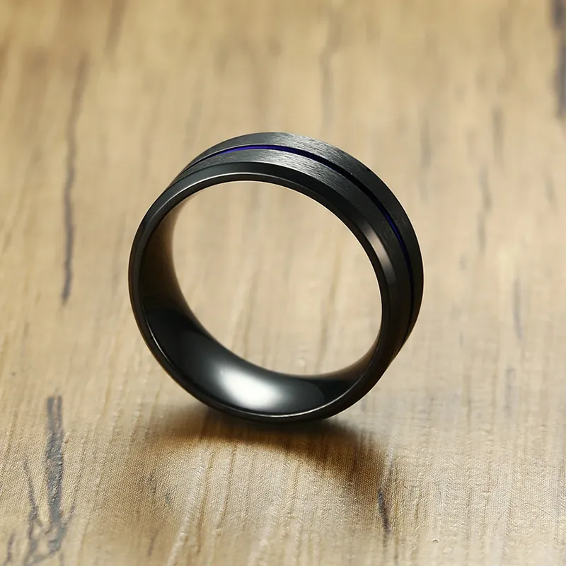 Tamanho 7-12 masculino cor preta anel de aço titânio férias 8mm azul sulcado aliança masculino casual jóias casamento bands234q