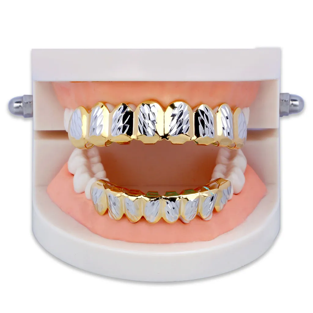 Bocca placcata oro 18 carati Grillz Denti Hip Hop Caps 6 Top Bottom Fang Nuovo regalo di Halloween di Natale di alta qualità3569