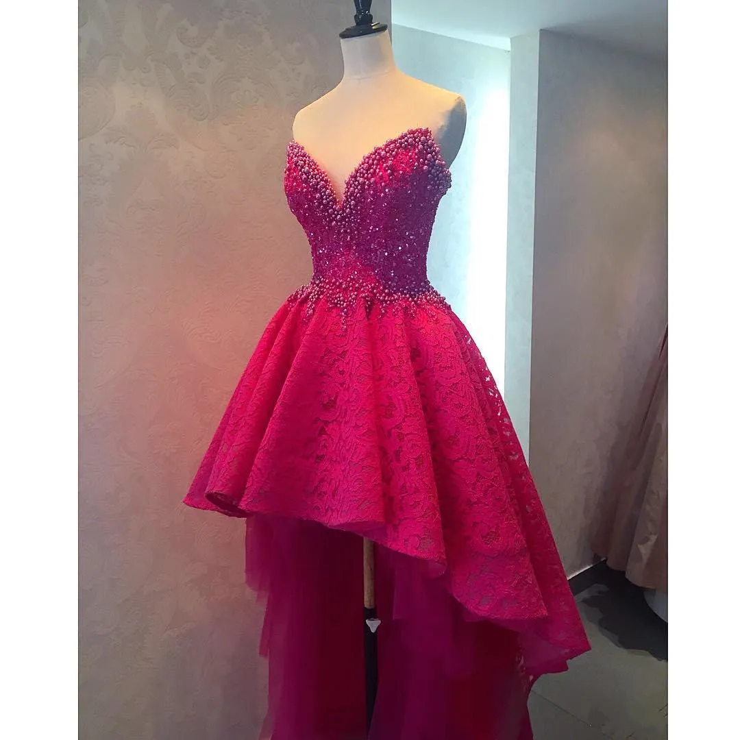 Fuchsia Luxury Arabic Lace Hi-Lo Prom Dresses Sweetheart Beaded Pearls Applique Tiered Tulle Long Formal Party Evening Dress Wear