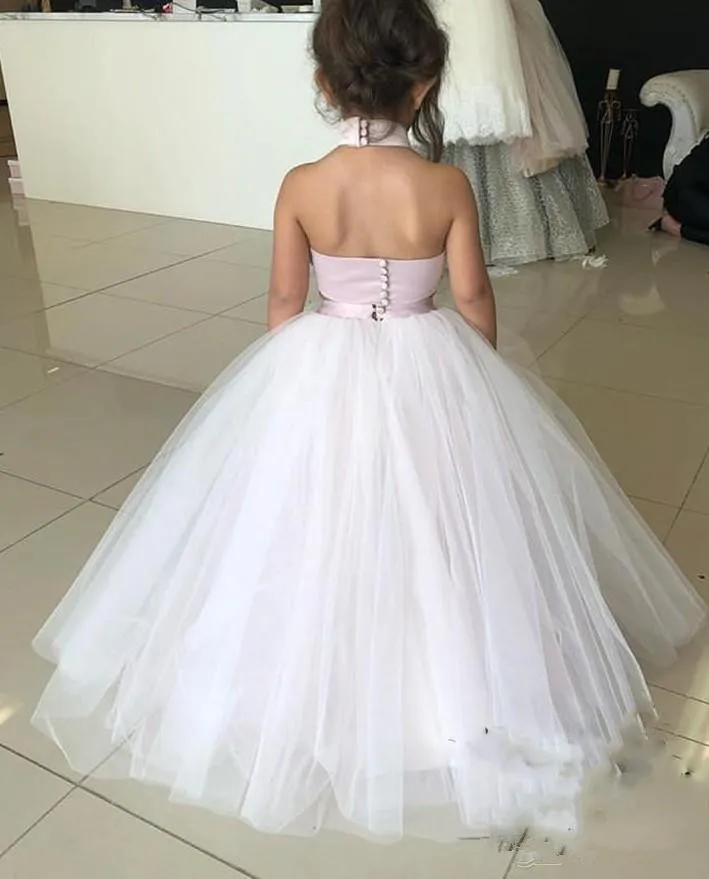 2018 Flower Girls Dresses Blush Pink High Neck Two Pieces Lace 3D Floral Appliques Tulle Beaded Princess Birthday Party Girls Pageant Gowns