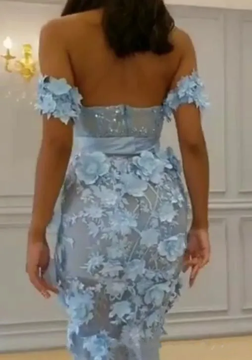 Sky Blue Tea Length Plus Size Prom Dresses Off The Shoulder Handmade Flowers Lace Dress Evening Wear