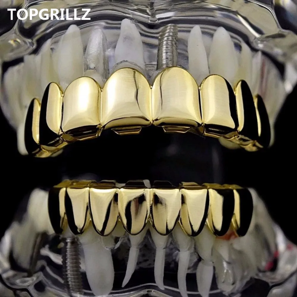TOPGRILLZ Hip Hop Grills Set Gold Finish Eight 8 Top Teeth & 8 Bottom Tooth Plain Clown Halloween Party Jewelry