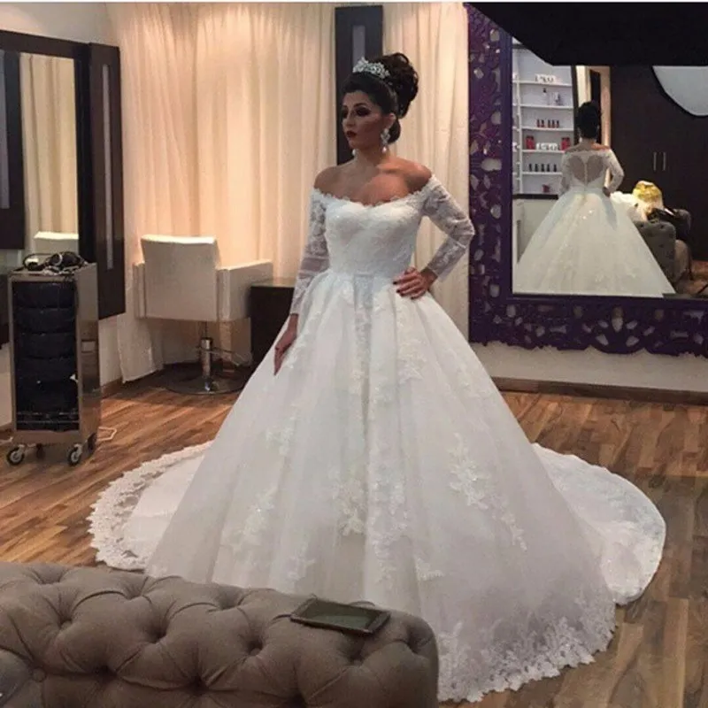Charming Off Shoulder Lace Wedding Dresses Long Sleeves A Line Beaded Applique Tiered Court Train Bridal Gowns Wedding Dress Custom