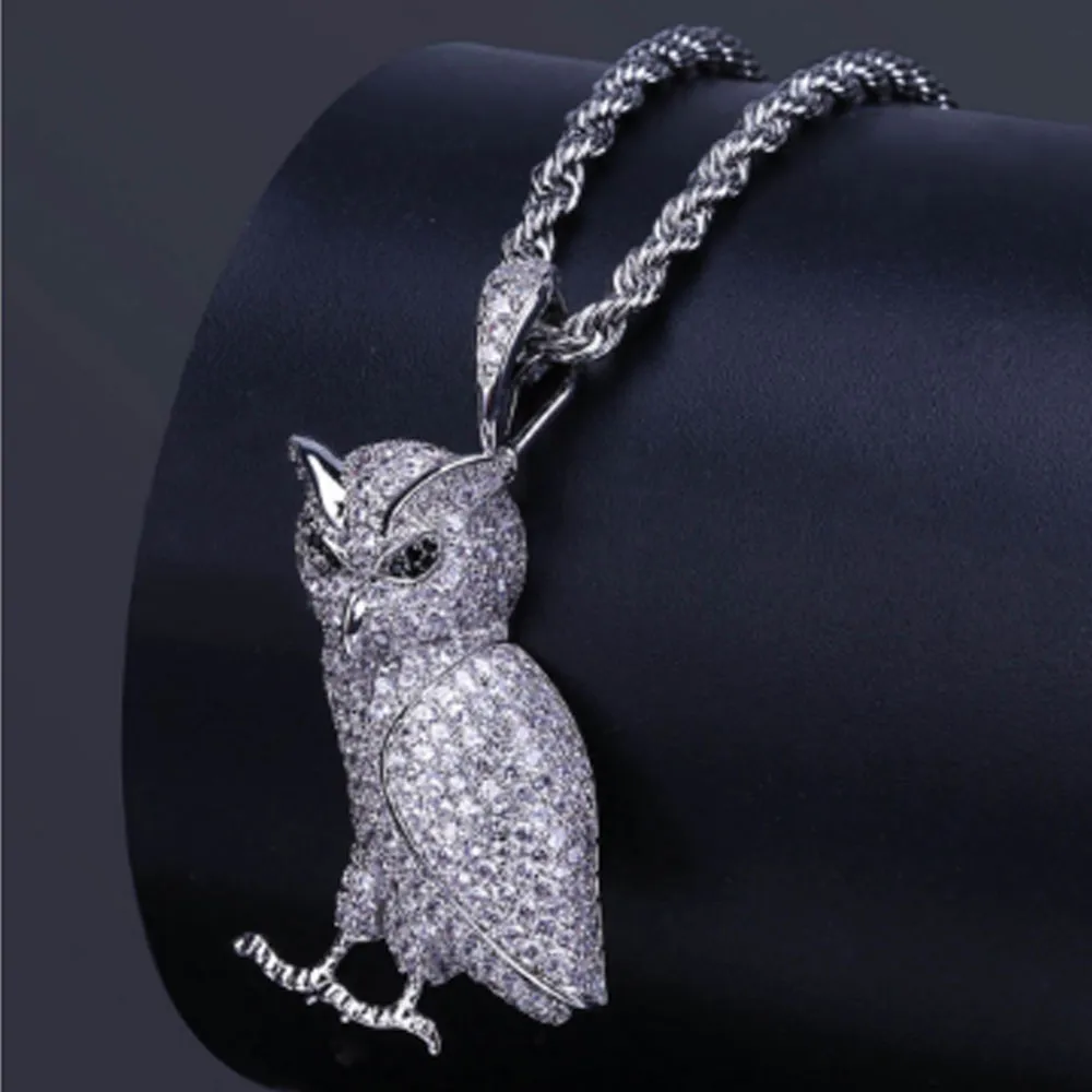 Collier pendentif hibou animal en acier inoxydable glacé de luxe avec chaîne de corde de 60 cm Micro pavé de zircone cubique diamants simulés Pend299h