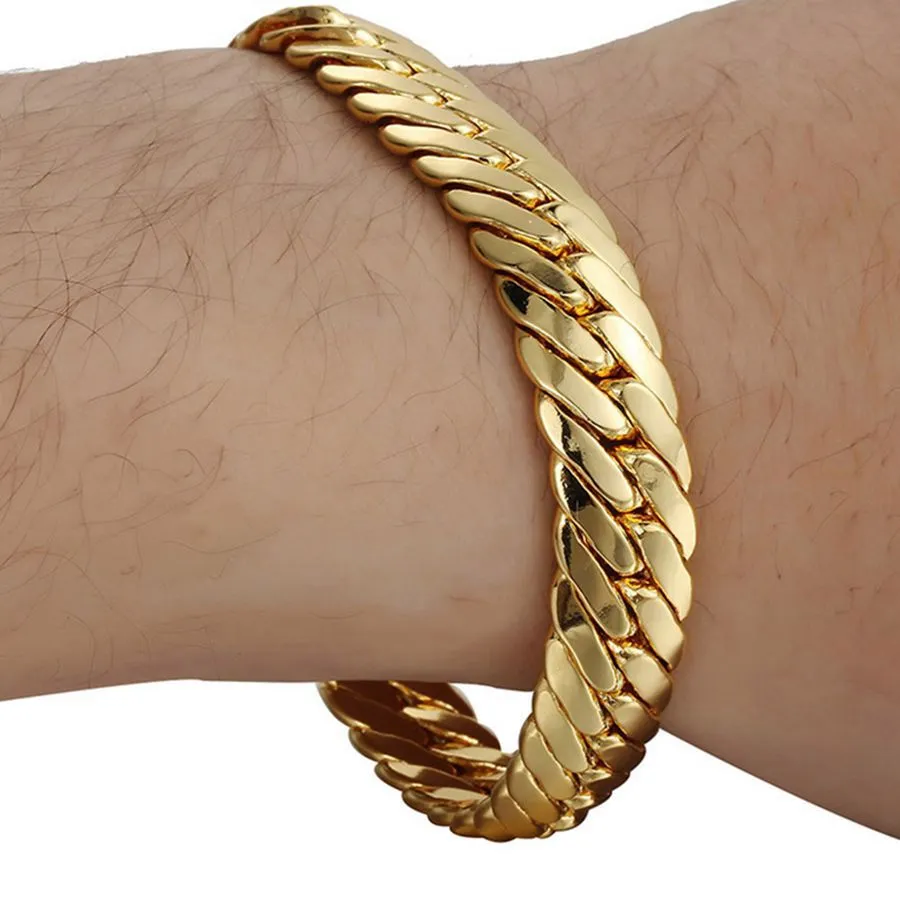 Мужской женский браслет, однотонная цепочка на запястье, желтое золото 18 карат, браслет с узором «елочка», длина 23 см, классический стиль Gift262M