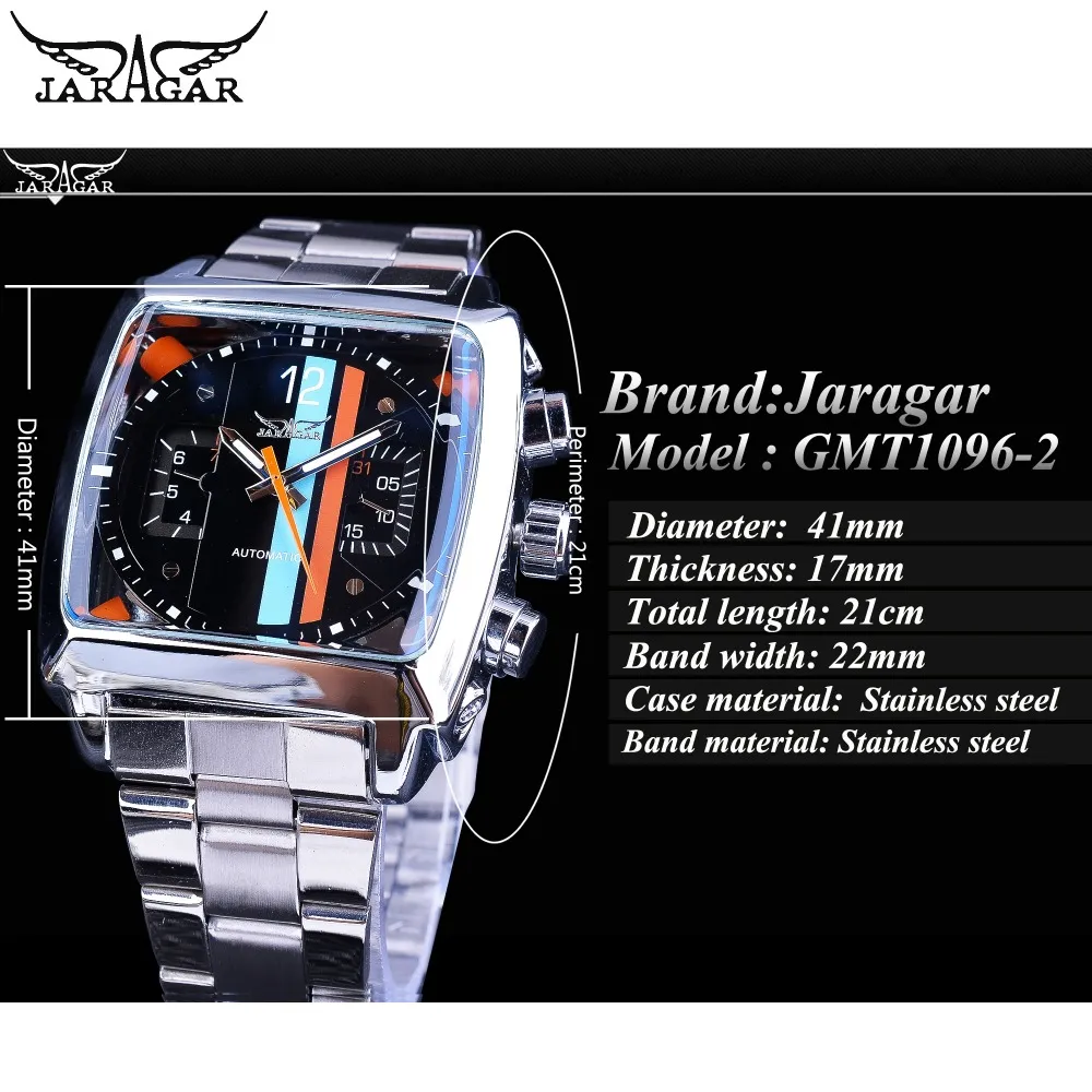 Jaragar montre navigateur série mode Unique affichage carré étanche hommes montres automatiques haut de gamme lumineux Hands258W