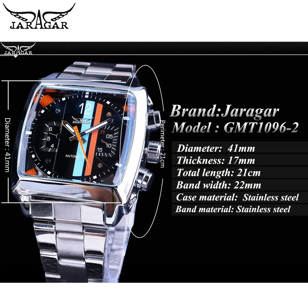 Jaragar Watch Navigator Series Модные уникальные водонепроницаемые мужские автоматические часы с квадратным дисплеем, светящиеся руки 258W