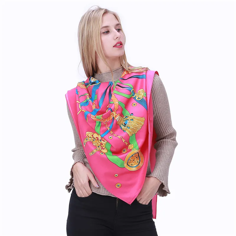 Новый твил шелковый шарф, женщины Испания Королевская Цепная Печать Печать Квадратные шарфы модные обертывания Женщины Файлард Большой Хиджаб Шаль Нейсхерхейф 130cm280p