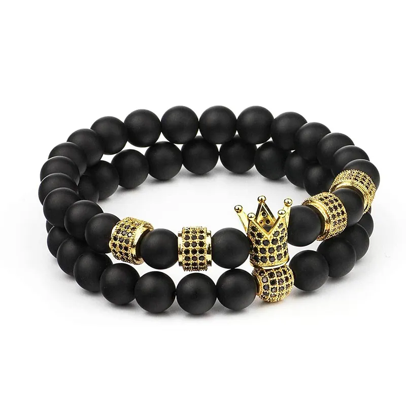 Ustaw mikro inkrustę cyrkon okrągły Mężczyzn Mężczyzn Koron Charm Bangle Natural Beads Buddha Bransoletka dla kobiet pulseras Masculina294s