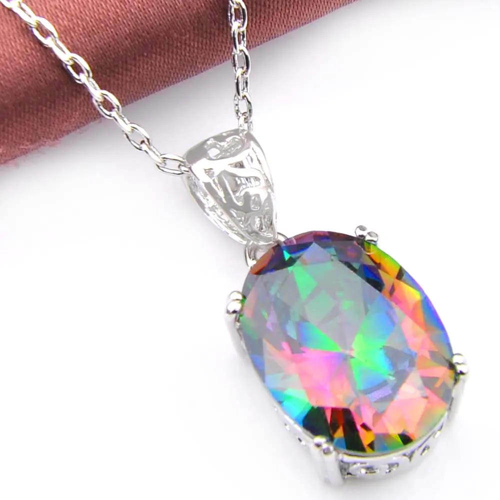 10 Stück LuckyShine Damenschmuck Rainbow Mystic Topaz 925 Sterling Silber Halsketten Oval Zirkon American Australia Hochzeit Pendant228z