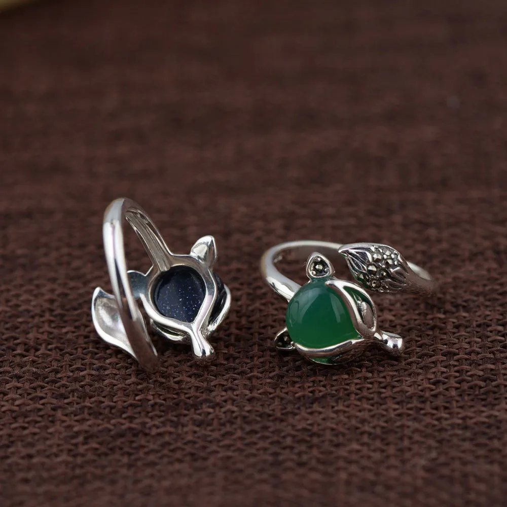 925 Sterling Silver Fox Ring Natural Yellow Green White Stone 100% Real S925 Thai Silver Rings for Women Jewelry Adjustable Size D2204