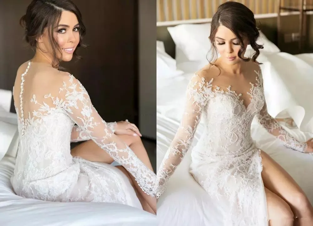 2022 New Split Lace Steven Khalil Wedding Dresses With Detachable Skirt Sheer Neck Long Sleeves Sheath High Slit Overskirts Bridal Gown