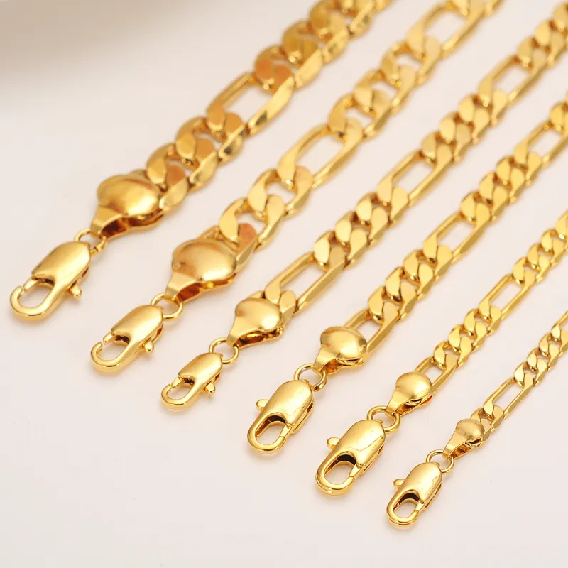 Italian Figaro Yellow 14k Gold Plated 3 to12mm wide 8 6 19 6 23 6 Chain Necklace bracelet256B